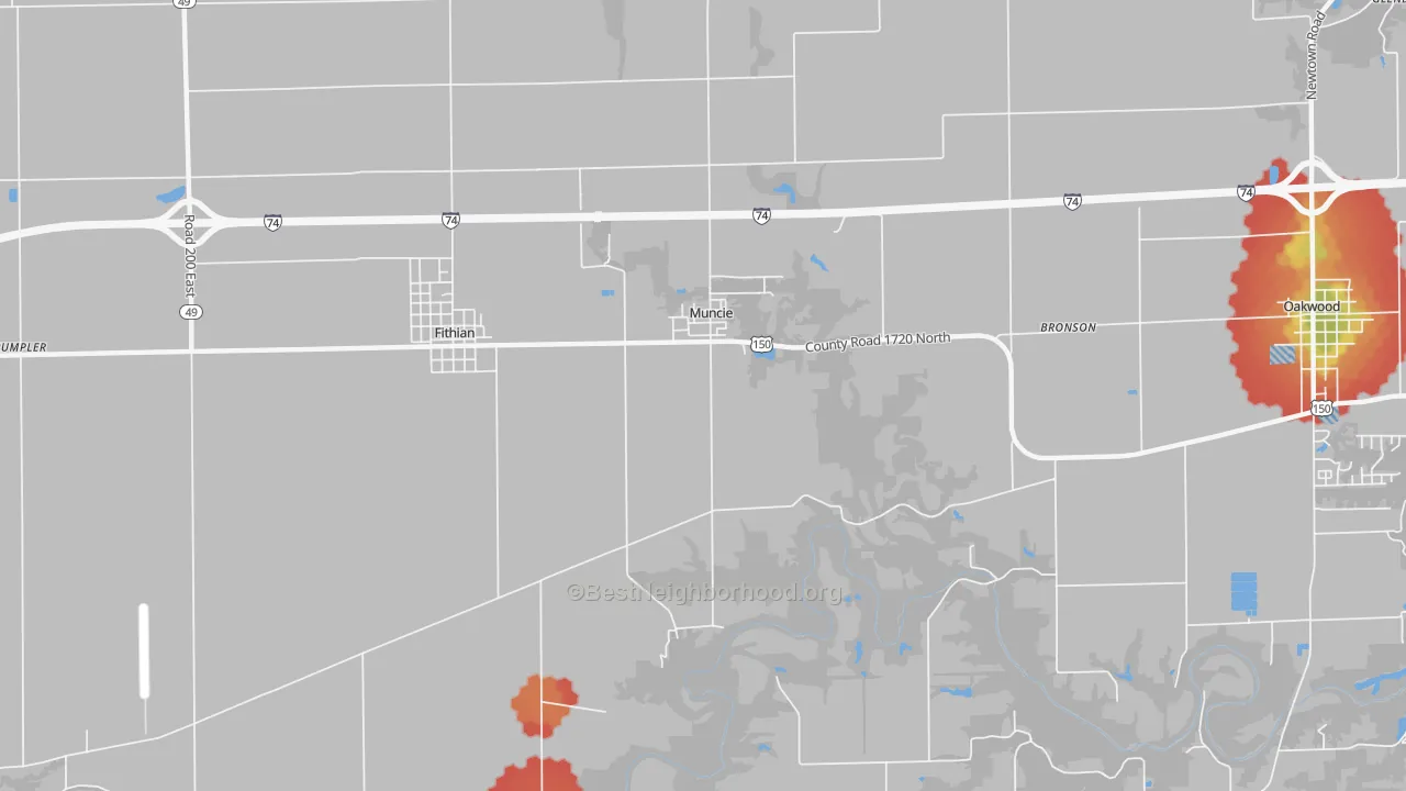Walk Grade map of Muncie, IL, walkable areas in green and car-dependent areas in red