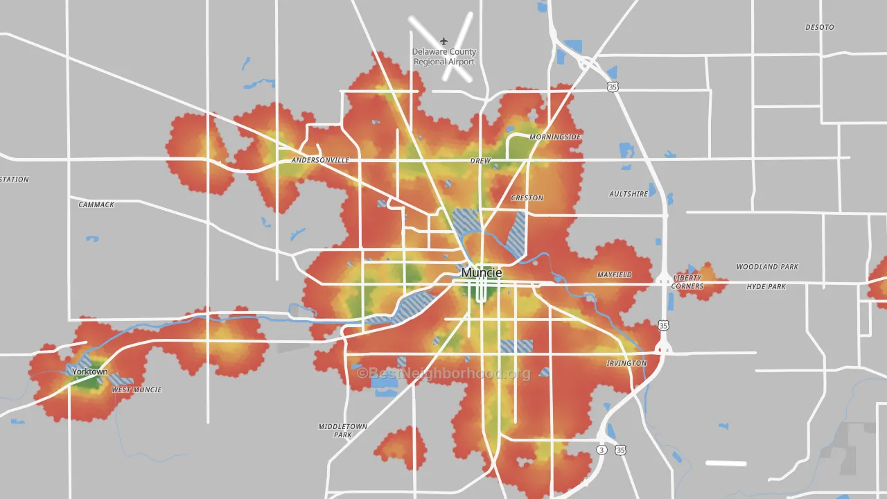 Walk Grade map of Muncie, IN, walkable areas in green and car-dependent areas in red