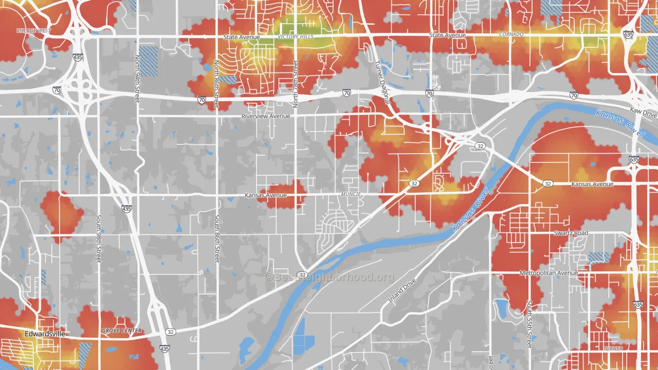 Walk Grade map of Muncie-Stony PT., Kansas City, KS, walkable areas in green and car-dependent areas in red