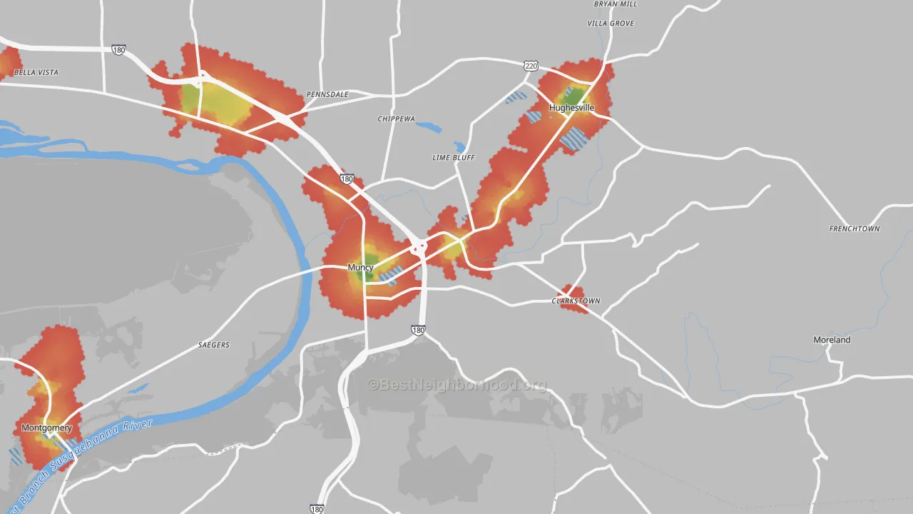Walk Grade map of Muncy, PA, walkable areas in green and car-dependent areas in red