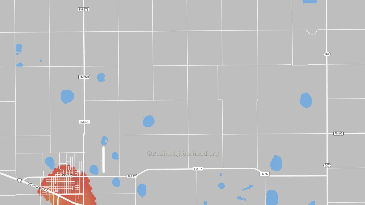 Walk Grade map of Muncy, TX, walkable areas in green and car-dependent areas in red