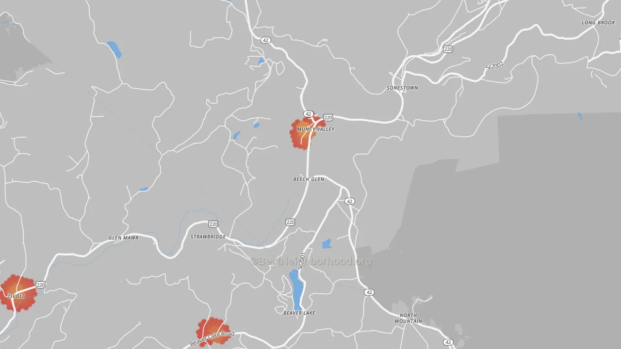 Walk Grade map of Muncy Valley, PA, walkable areas in green and car-dependent areas in red