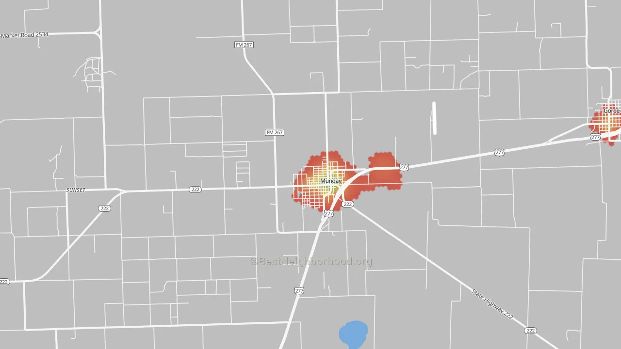 Walk Grade map of Munday, TX, walkable areas in green and car-dependent areas in red