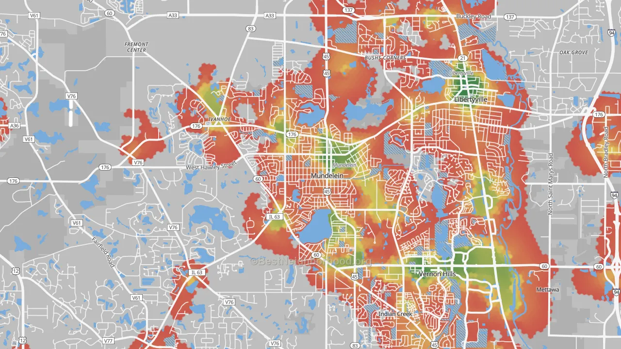 Walk Grade map of Mundelein, IL, walkable areas in green and car-dependent areas in red