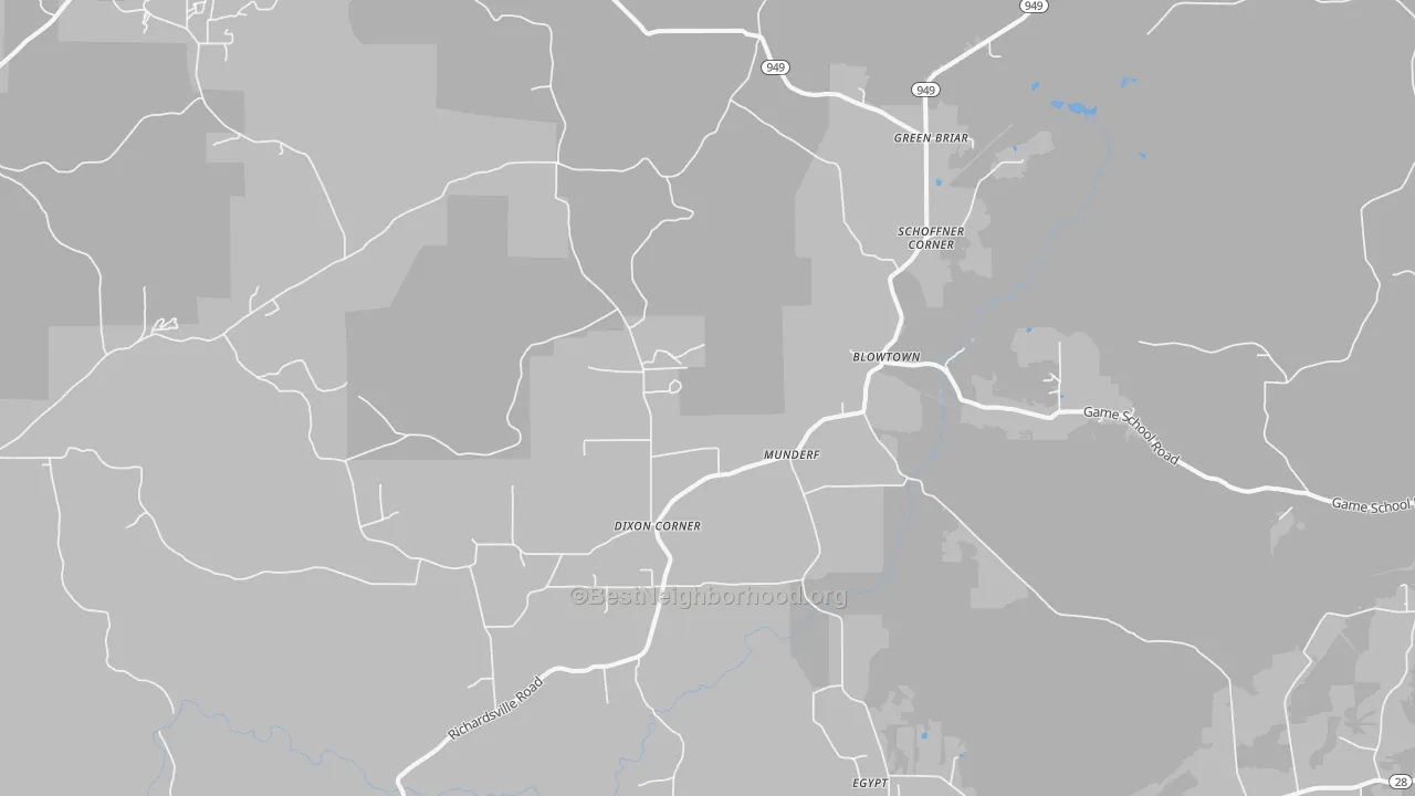 Walk Grade map of Munderf, PA, walkable areas in green and car-dependent areas in red