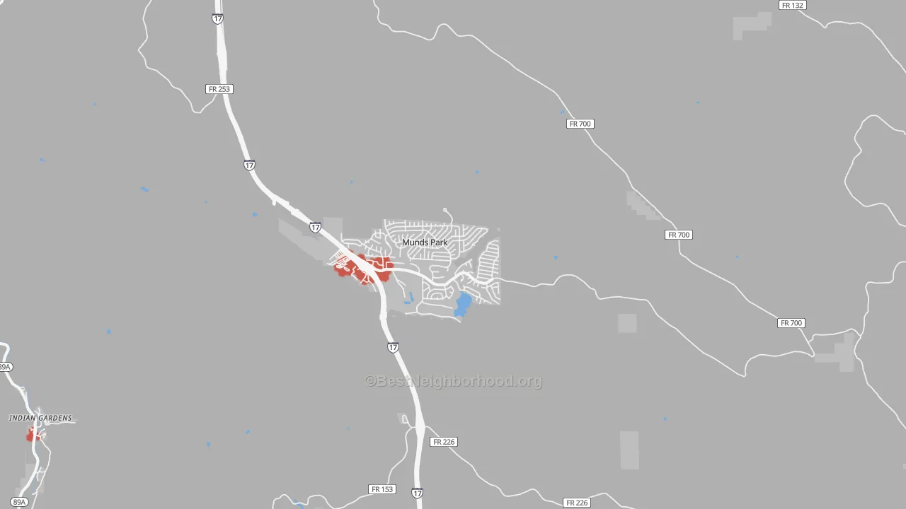 Walk Grade map of Munds Park, AZ, walkable areas in green and car-dependent areas in red