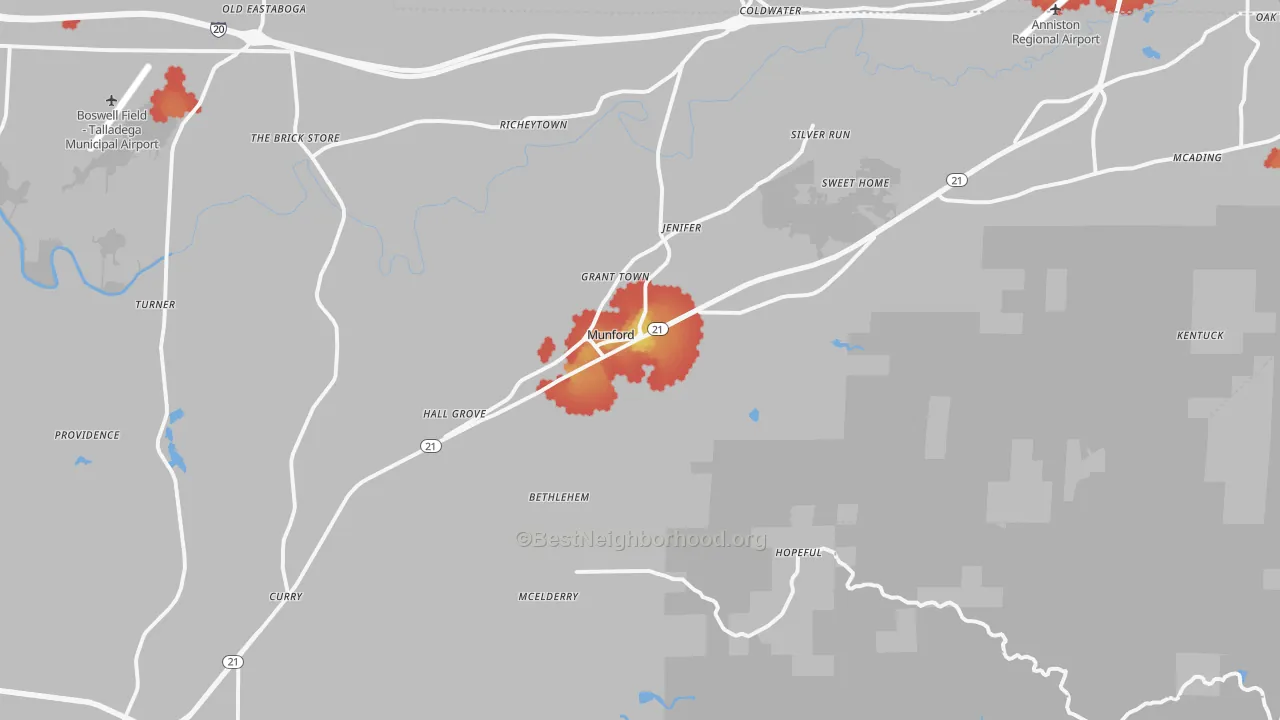 Walk Grade map of Munford, AL, walkable areas in green and car-dependent areas in red