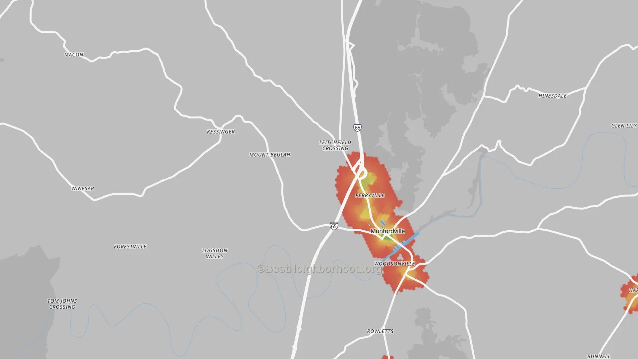 Walk Grade map of Munfordville, KY, walkable areas in green and car-dependent areas in red