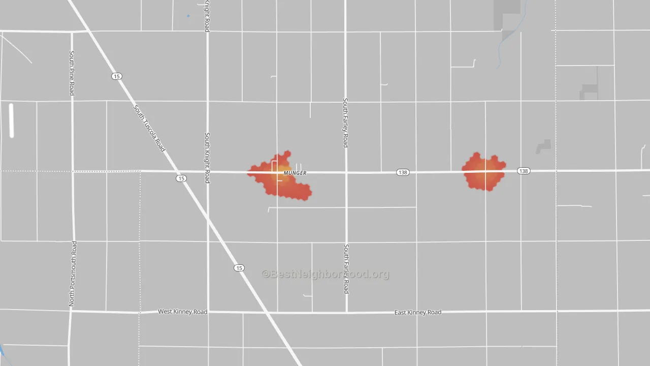 Walk Grade map of Munger, MI, walkable areas in green and car-dependent areas in red