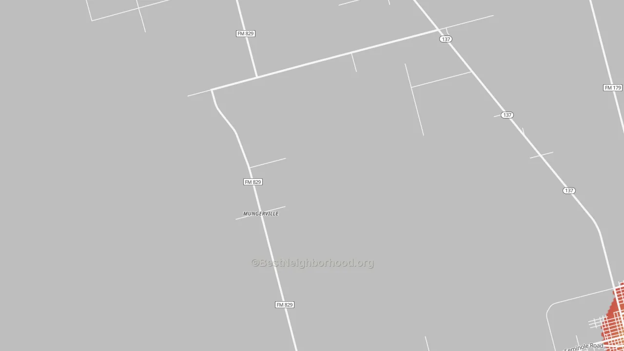 Walk Grade map of Mungerville, TX, walkable areas in green and car-dependent areas in red