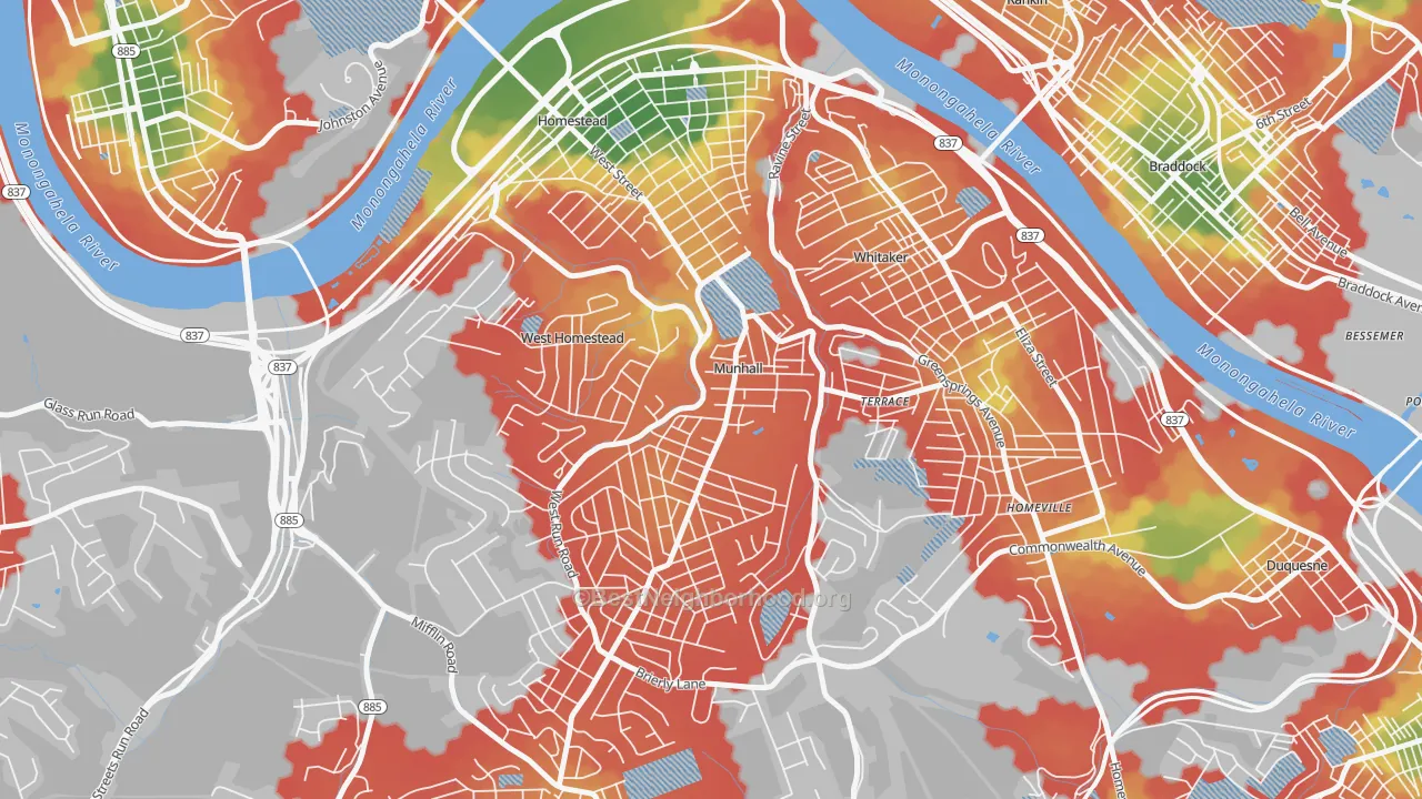 Walk Grade map of Munhall, PA, walkable areas in green and car-dependent areas in red