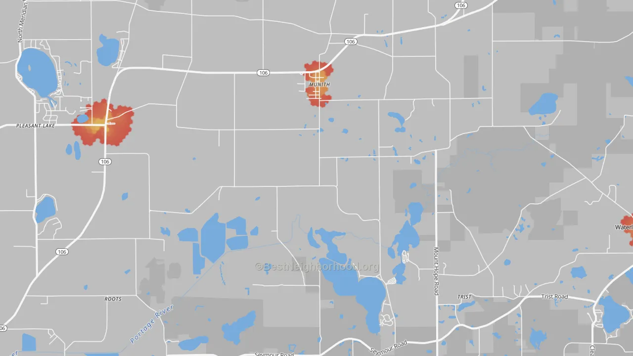 Walk Grade map of Munith, MI, walkable areas in green and car-dependent areas in red