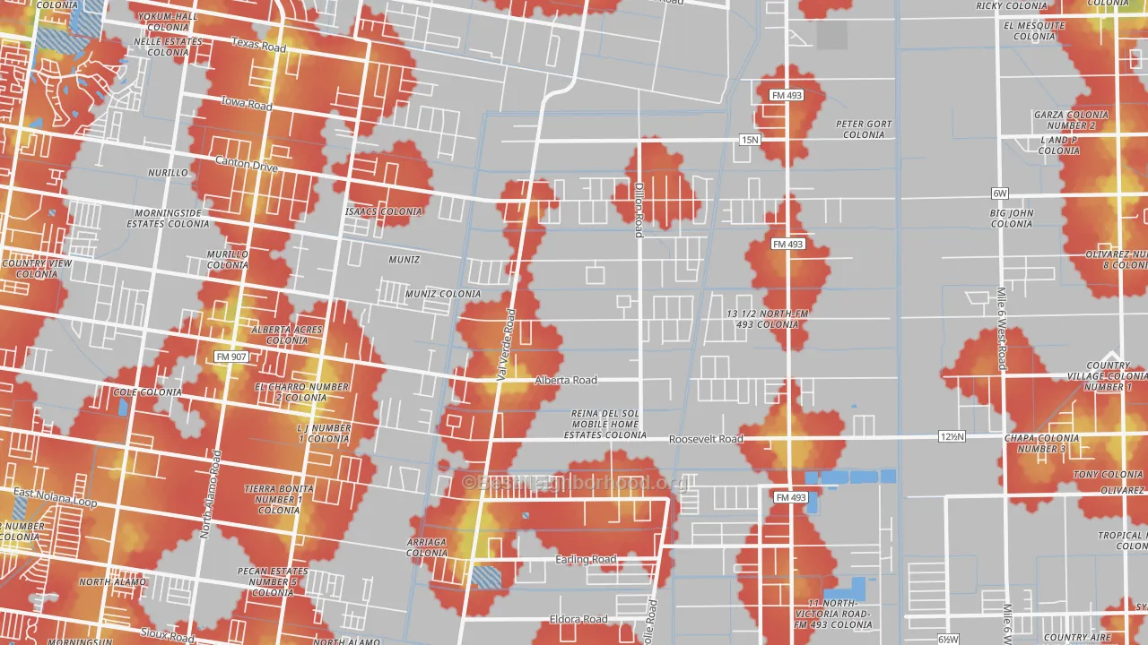 Walk Grade map of Muniz, TX, walkable areas in green and car-dependent areas in red