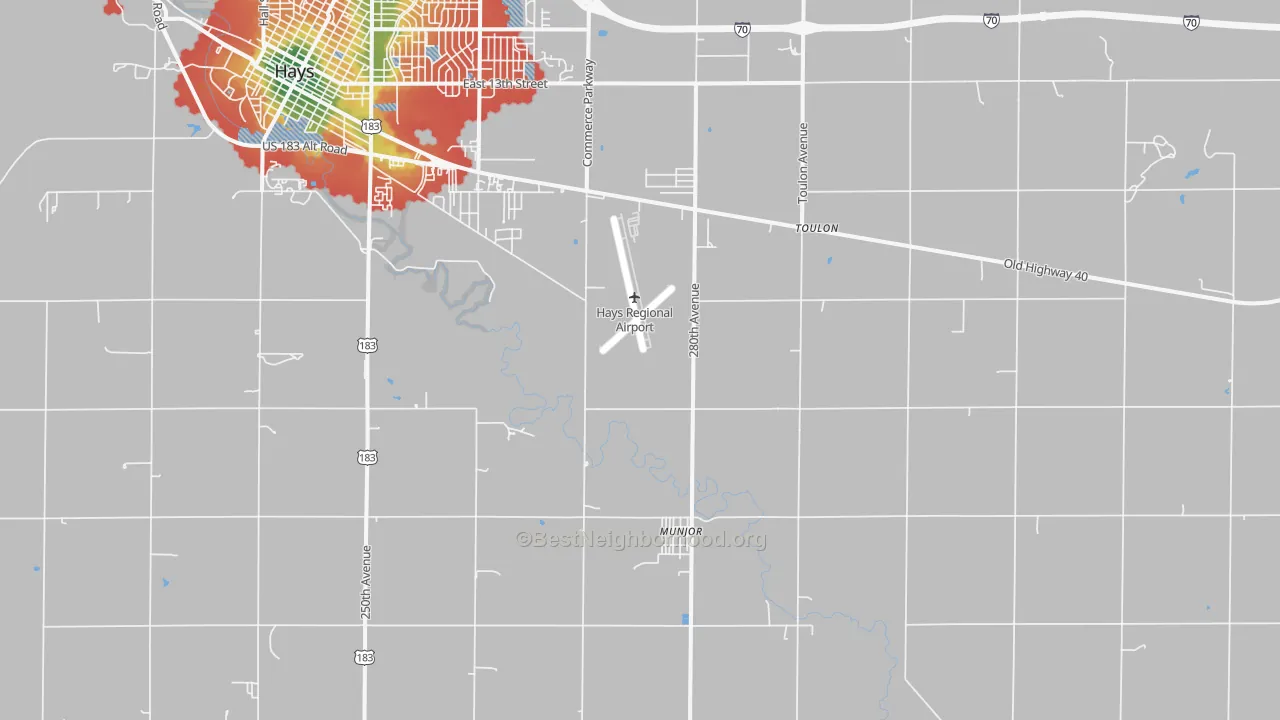Walk Grade map of Munjor, KS, walkable areas in green and car-dependent areas in red