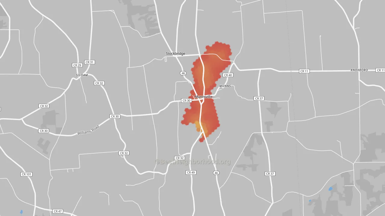 Walk Grade map of Munnsville, NY, walkable areas in green and car-dependent areas in red