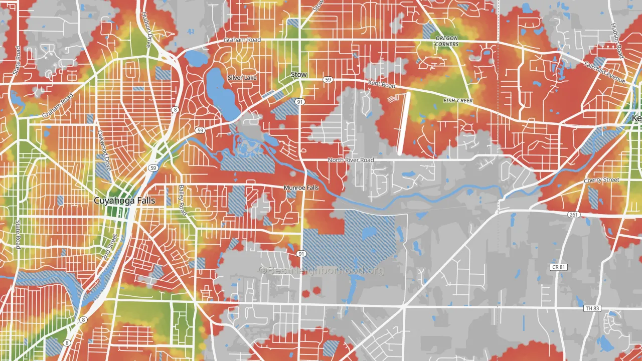 Walk Grade map of Munroe Falls, OH, walkable areas in green and car-dependent areas in red