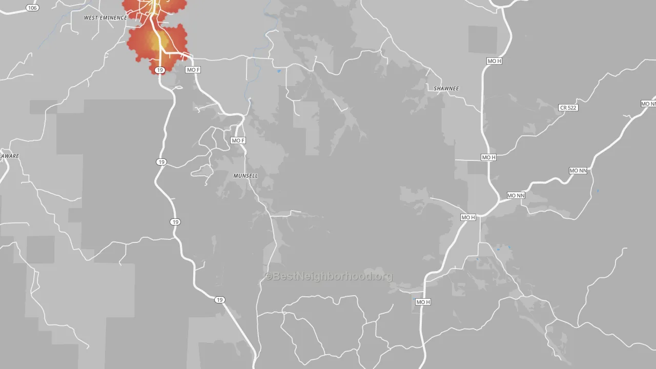 Walk Grade map of Munsell, MO, walkable areas in green and car-dependent areas in red