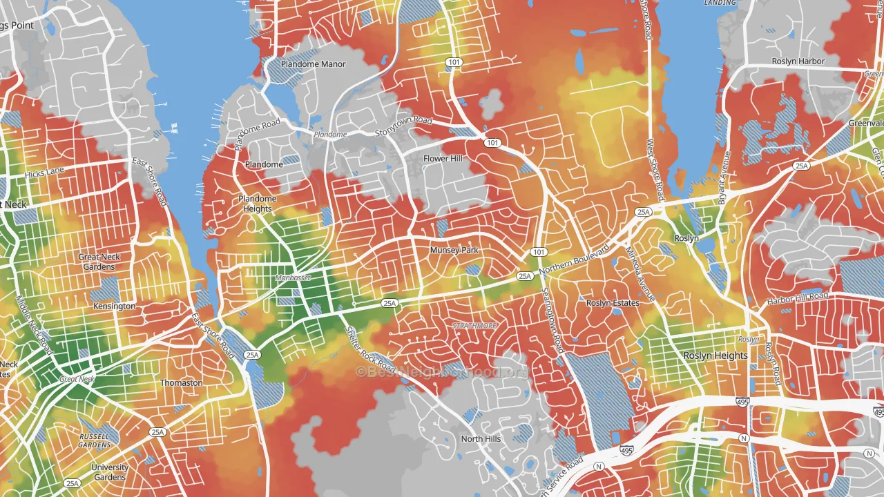 Walk Grade map of Munsey Park, NY, walkable areas in green and car-dependent areas in red