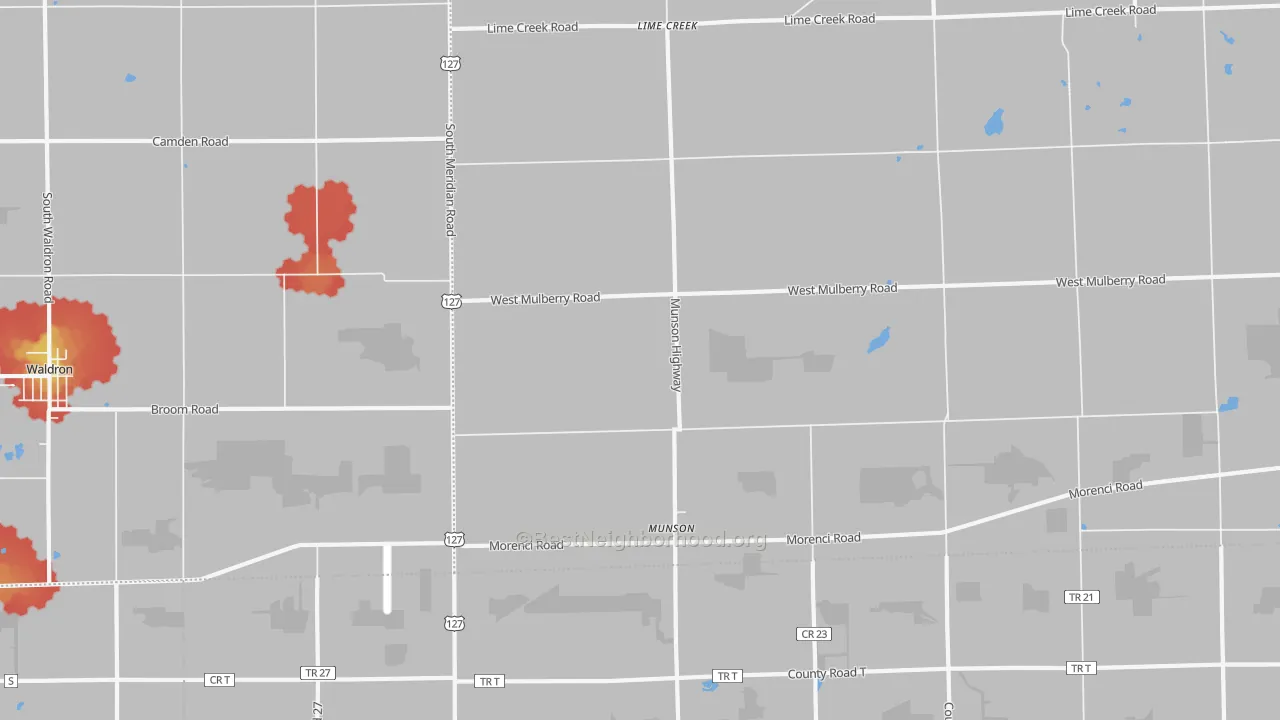 Walk Grade map of Munson, MI, walkable areas in green and car-dependent areas in red