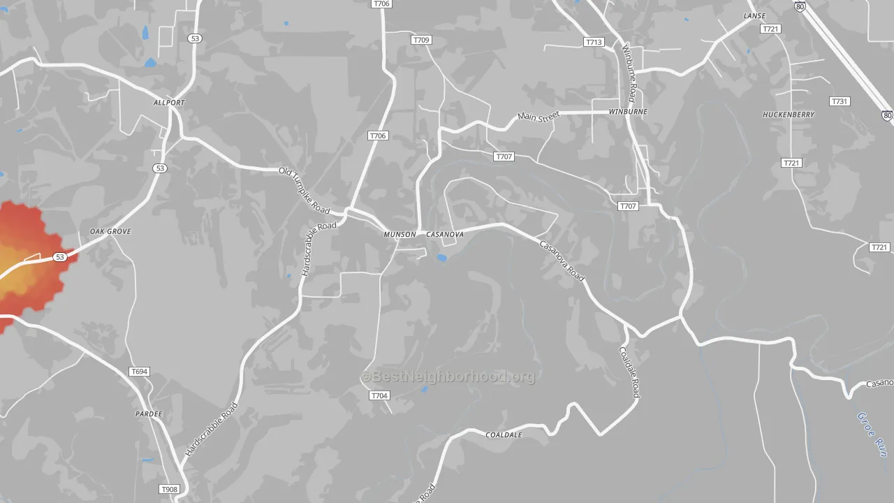 Walk Grade map of Munson, PA, walkable areas in green and car-dependent areas in red
