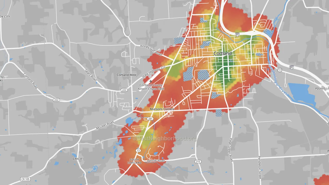 Walk Grade map of Munsons Corners, NY, walkable areas in green and car-dependent areas in red