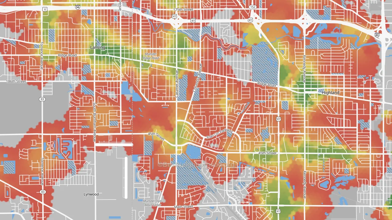 Walk Grade map of Munster, IN, walkable areas in green and car-dependent areas in red