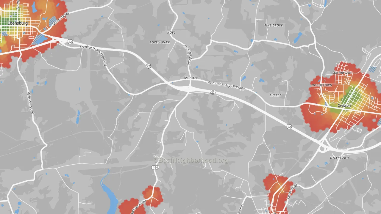 Walk Grade map of Munster, PA, walkable areas in green and car-dependent areas in red