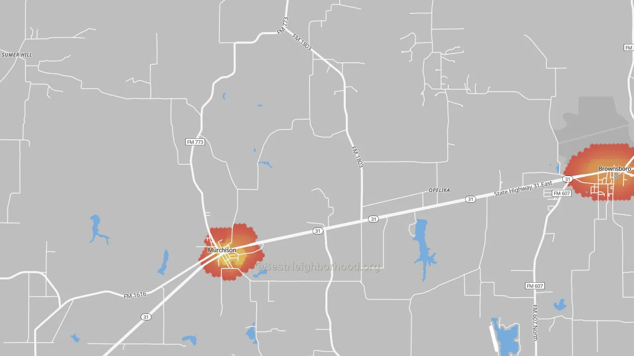 Walk Grade map of Murchison, TX, walkable areas in green and car-dependent areas in red
