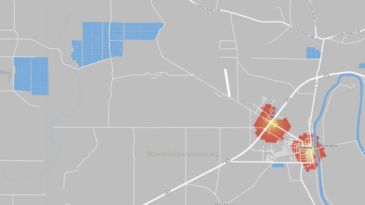 Walk Grade map of Murdock Crossing, MS, walkable areas in green and car-dependent areas in red