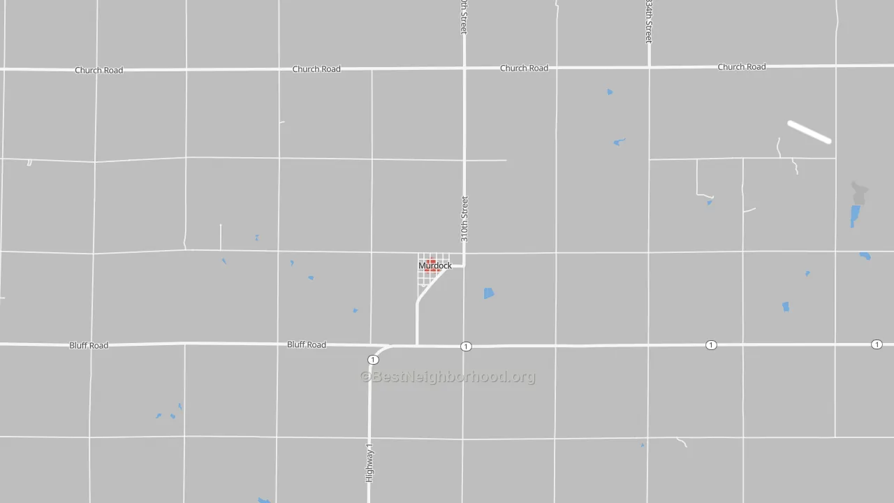 Walk Grade map of Murdock, NE, walkable areas in green and car-dependent areas in red