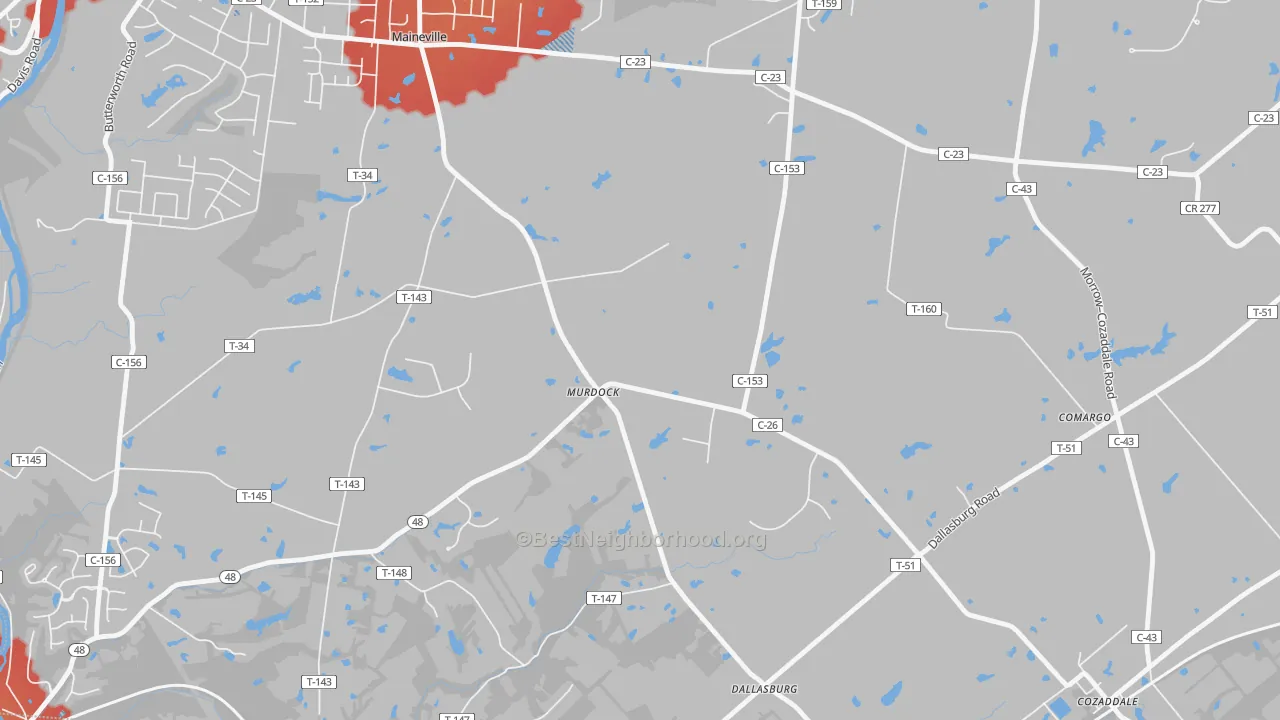 Walk Grade map of Murdock, OH, walkable areas in green and car-dependent areas in red