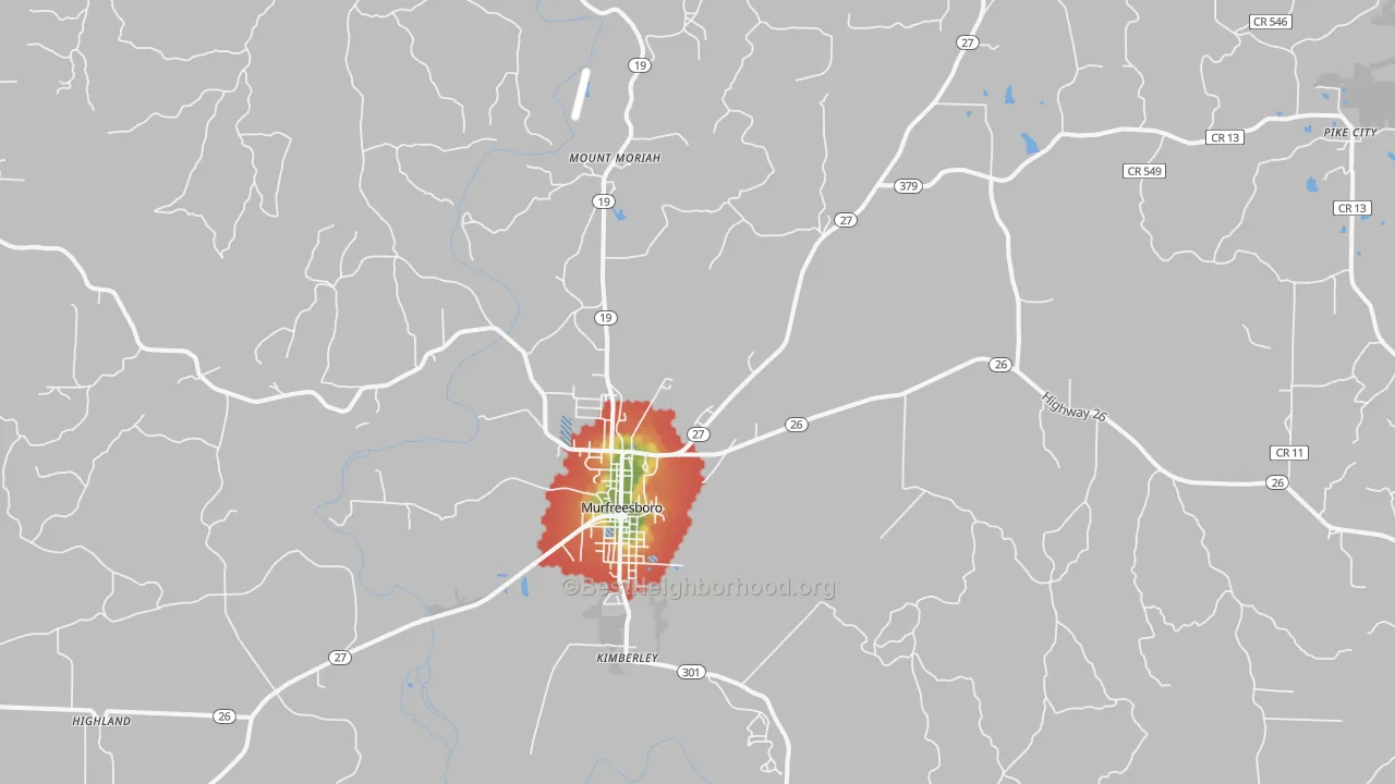 Walk Grade map of Murfreesboro, AR, walkable areas in green and car-dependent areas in red