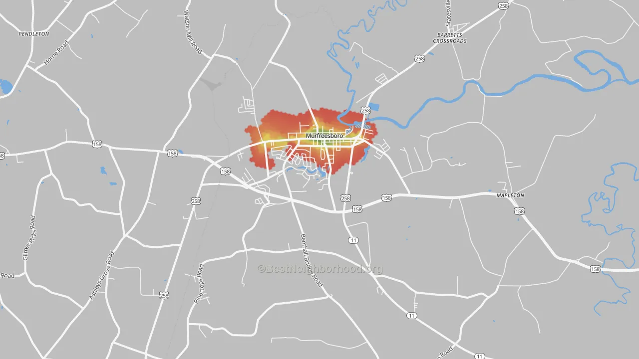 Walk Grade map of Murfreesboro, NC, walkable areas in green and car-dependent areas in red