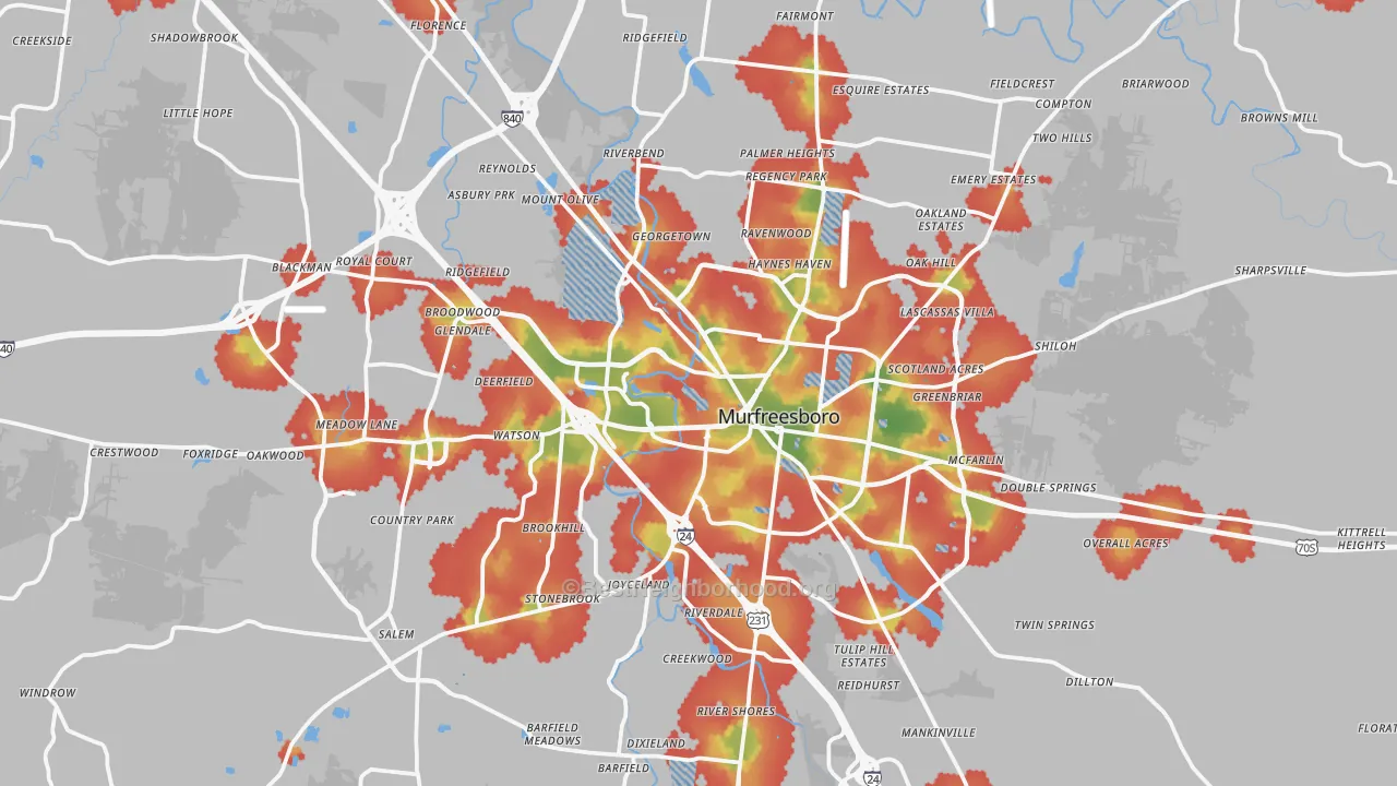Walk Grade map of Murfreesboro, TN, walkable areas in green and car-dependent areas in red