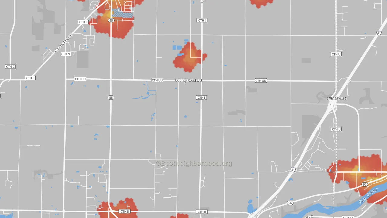 Walk Grade map of Murphy Corner, WI, walkable areas in green and car-dependent areas in red
