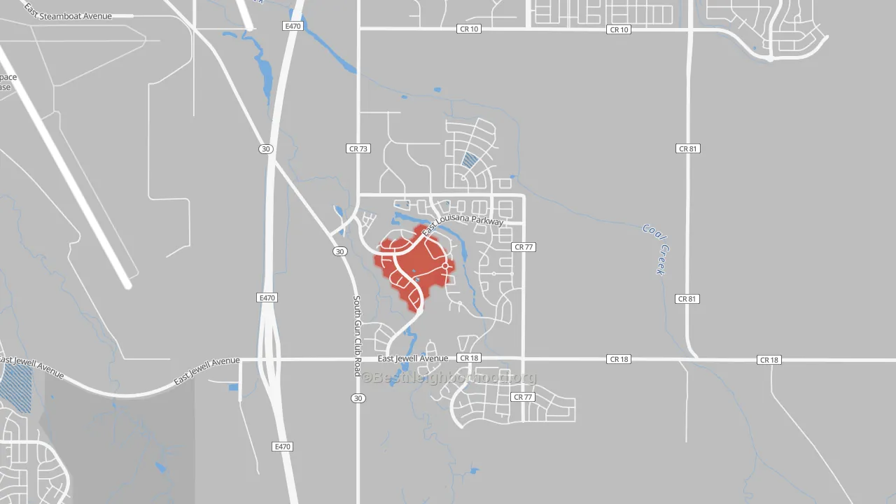 Walk Grade map of Murphy Creek, Aurora, CO, walkable areas in green and car-dependent areas in red