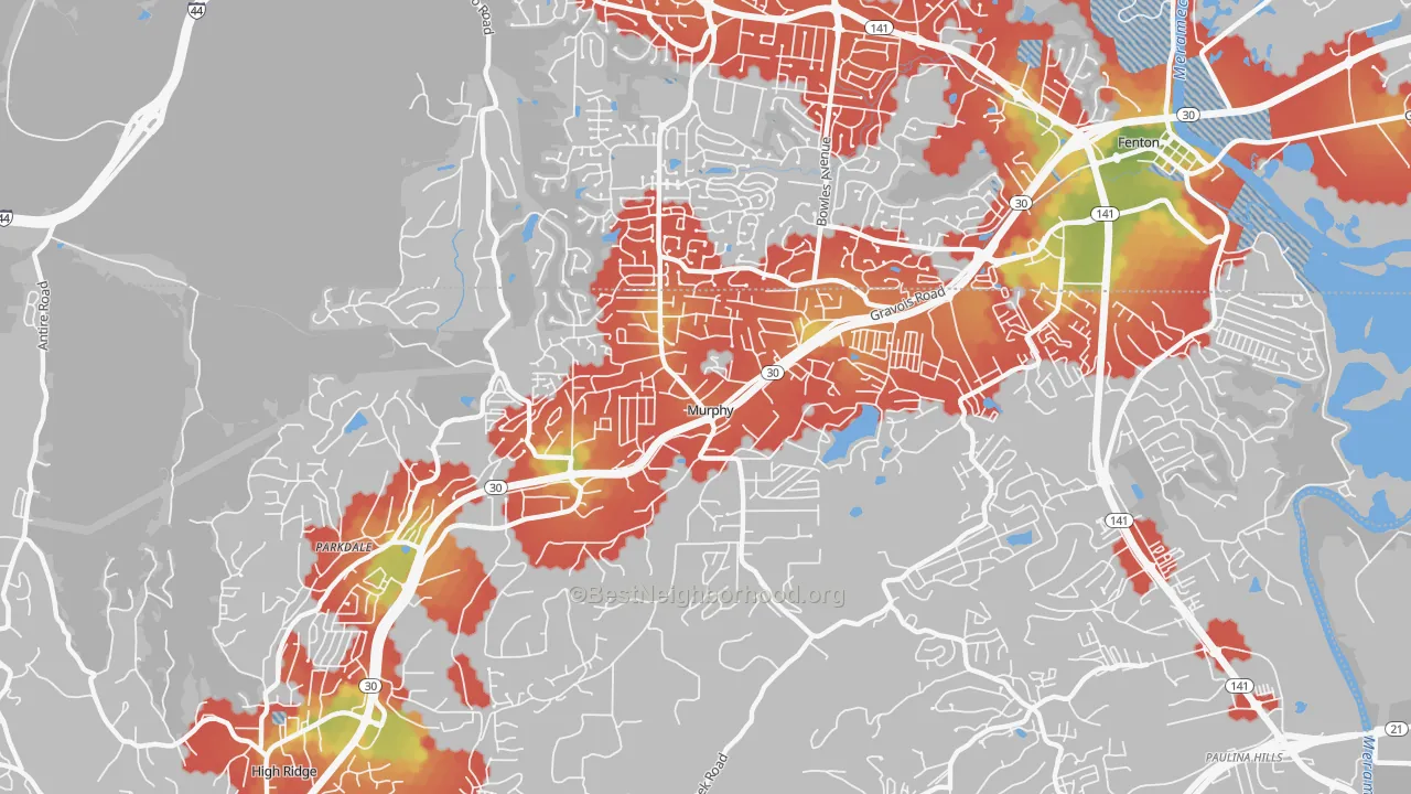 Walk Grade map of Murphy, MO, walkable areas in green and car-dependent areas in red