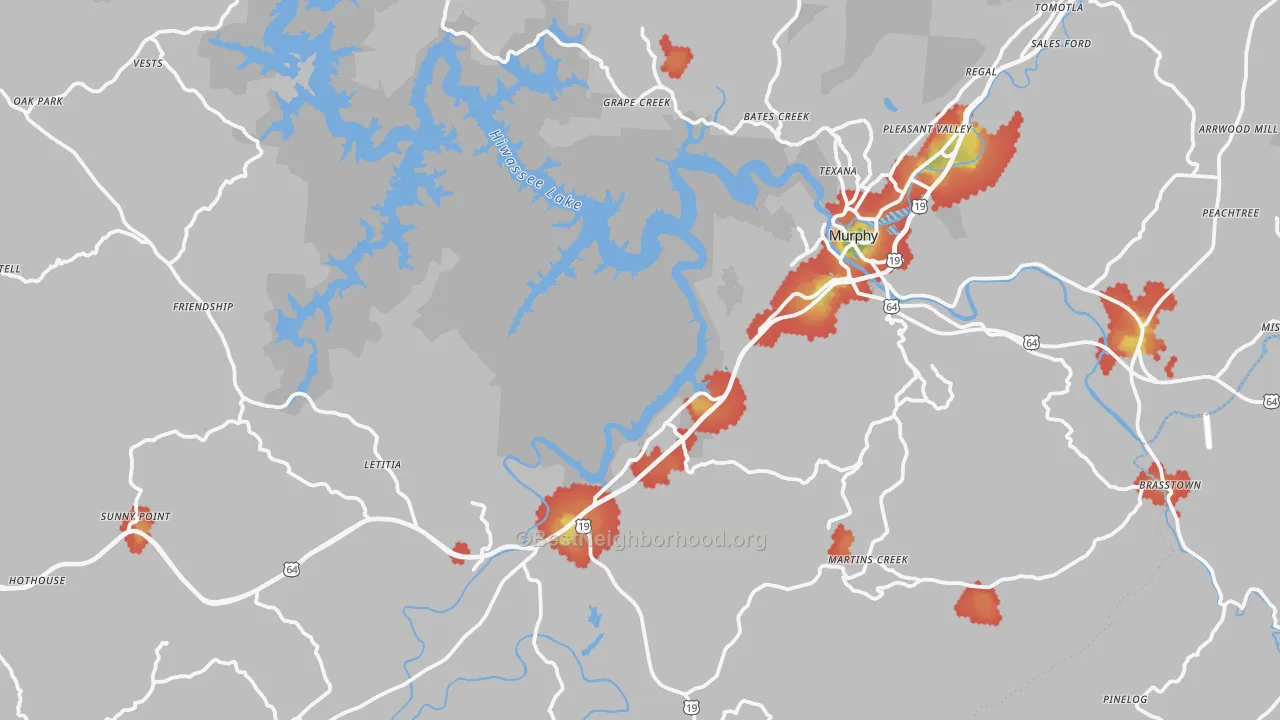 Walk Grade map of Murphy, NC, walkable areas in green and car-dependent areas in red