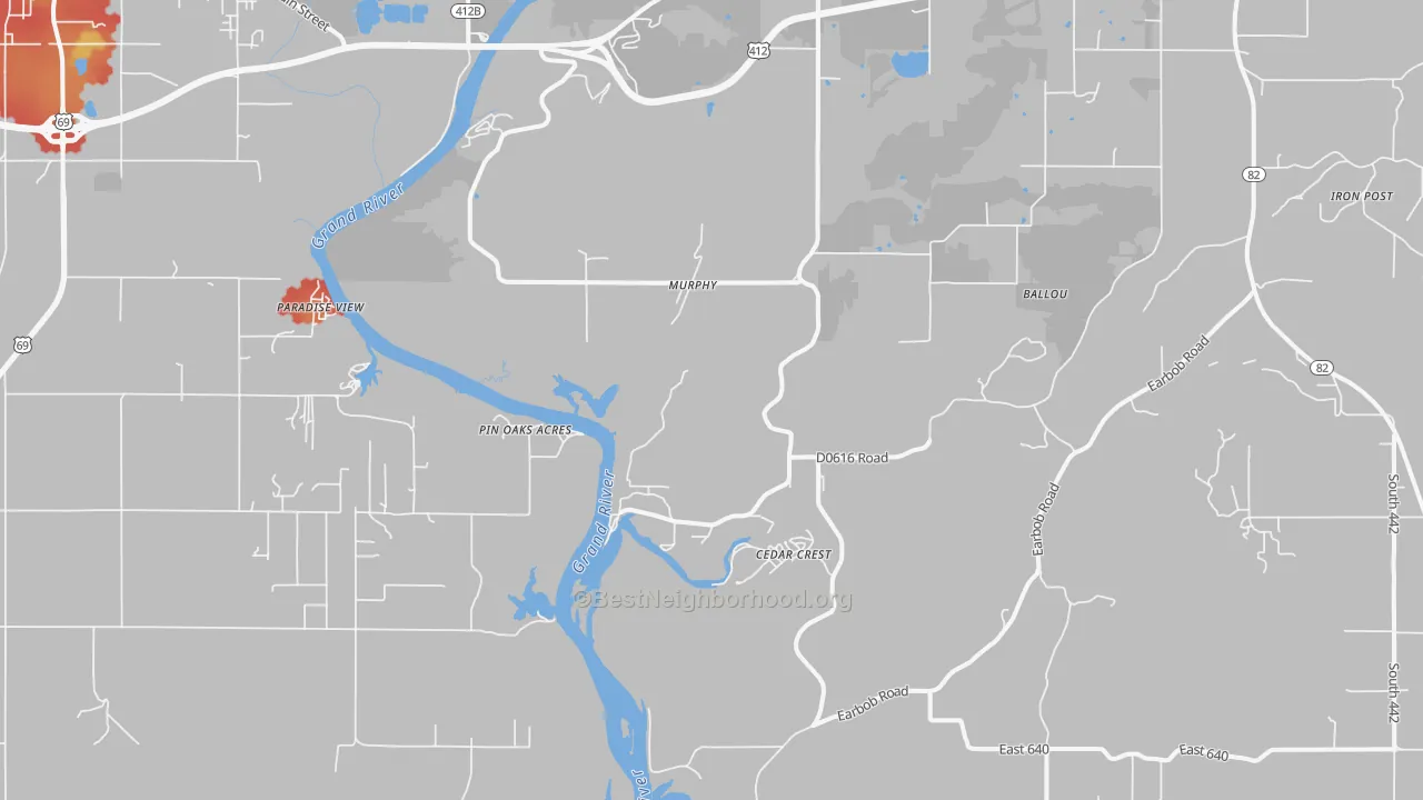 Walk Grade map of Murphy, OK, walkable areas in green and car-dependent areas in red