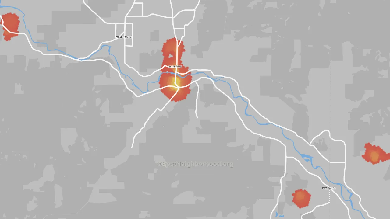 Walk Grade map of Murphy, OR, walkable areas in green and car-dependent areas in red