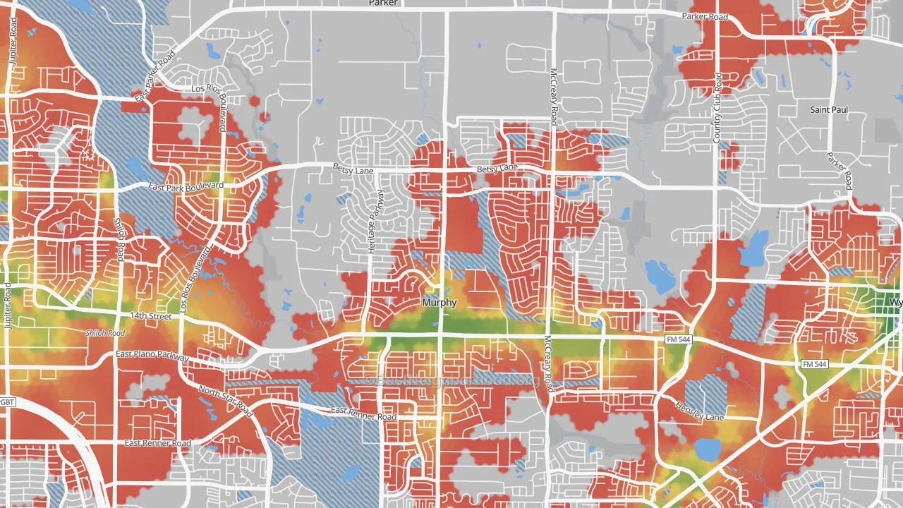 Walk Grade map of Murphy, TX, walkable areas in green and car-dependent areas in red