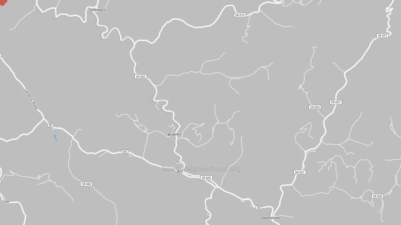 Walk Grade map of Murphy, VA, walkable areas in green and car-dependent areas in red