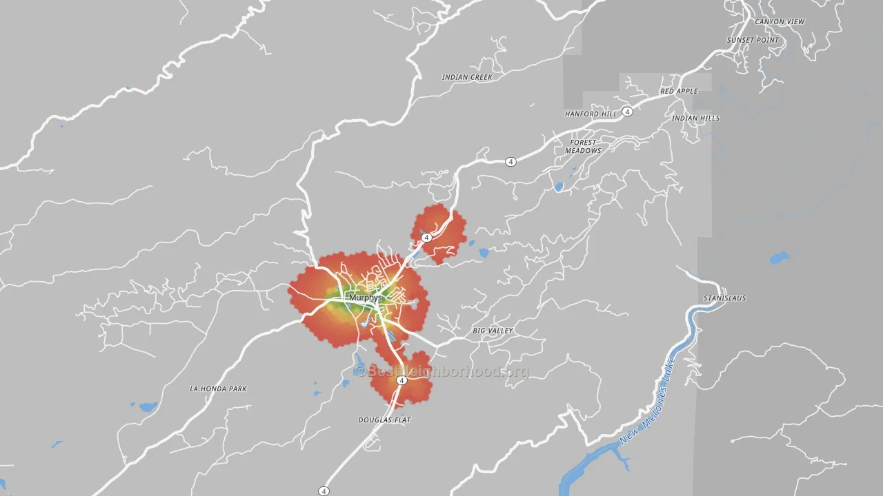 Walk Grade map of Murphys, CA, walkable areas in green and car-dependent areas in red