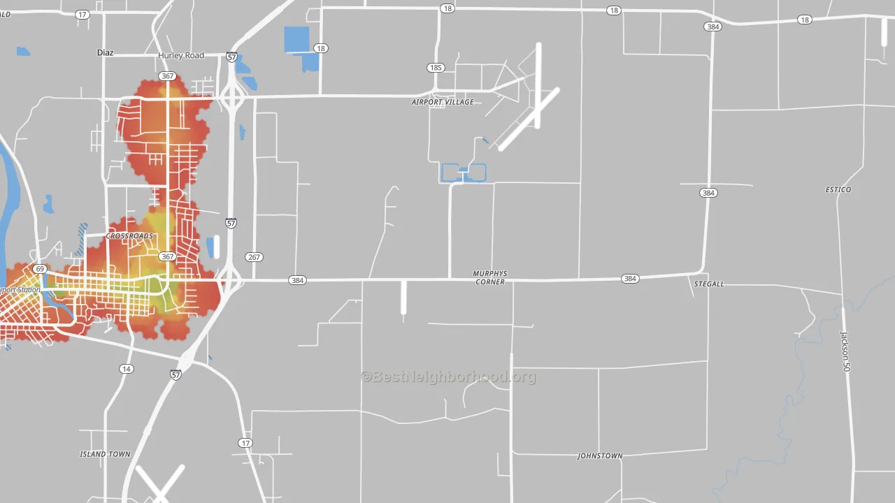 Walk Grade map of Murphys Corner, AR, walkable areas in green and car-dependent areas in red