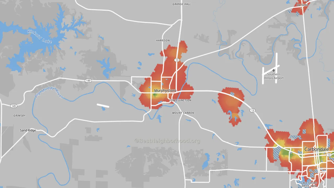 Walk Grade map of Murphysboro, IL, walkable areas in green and car-dependent areas in red
