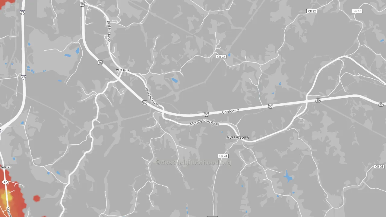 Walk Grade map of Murphytown, WV, walkable areas in green and car-dependent areas in red