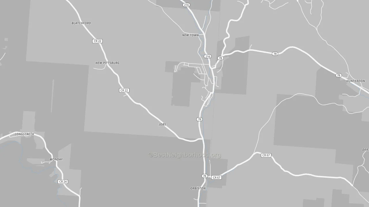 Walk Grade map of Murray City, OH, walkable areas in green and car-dependent areas in red