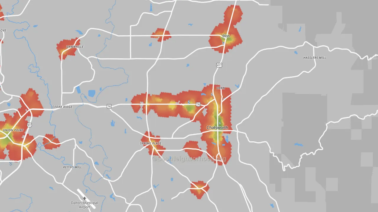 Walk Grade map of Murray County, GA, walkable areas in green and car-dependent areas in red