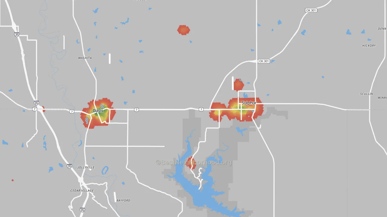Walk Grade map of Murray County, OK, walkable areas in green and car-dependent areas in red