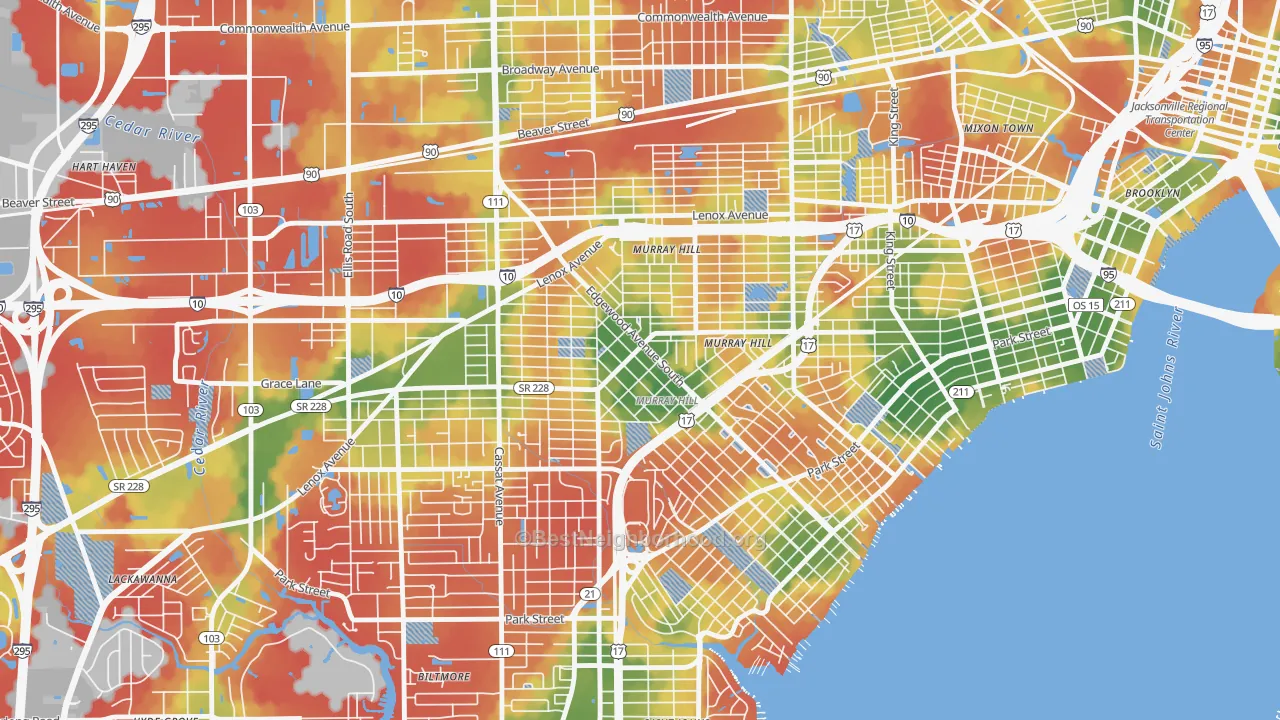 Walk Grade map of Murray Hill, Jacksonville, FL, walkable areas in green and car-dependent areas in red